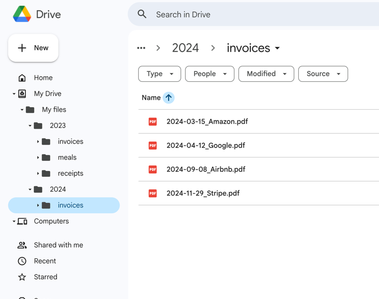 Same Google Drive after a Sorters run, with a clean folder hierarchy in the sidebar and renamed files inside one folder